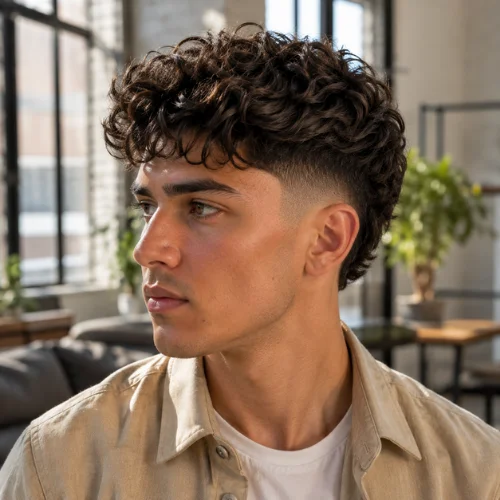 Burst fade haircut featuring textured 2C and 3A curls with tapered sides
