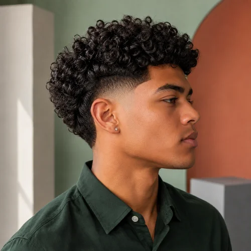 Burst fade haircut featuring thick 3B and 3C curls with tapered sides