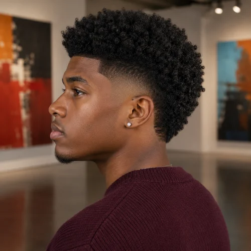 Young man with a curly top and clean burst fade haircut shown in side profile