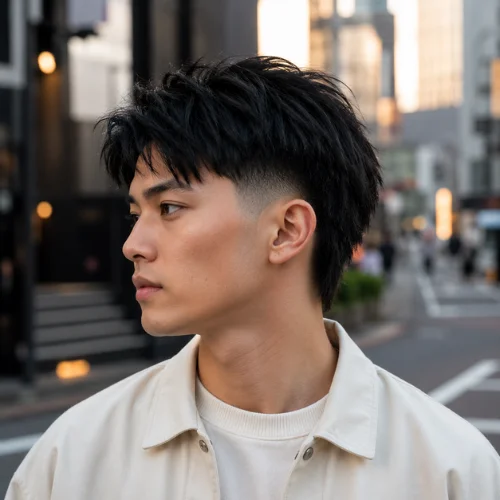 Asian man with textured hair and a clean burst fade haircut