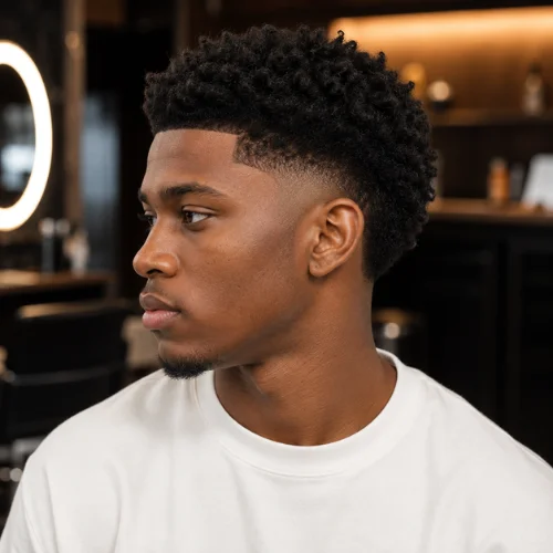 Burst fade haircut for Black men with natural curly textured hair and clean tapered sides