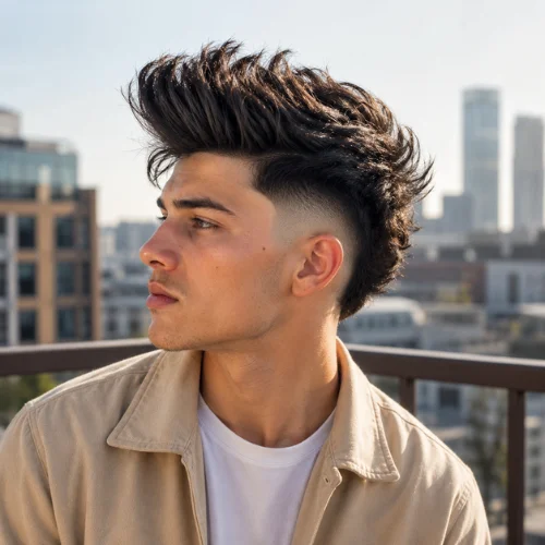Burst Fade Blowout haircut with voluminous textured hair and a clean fade