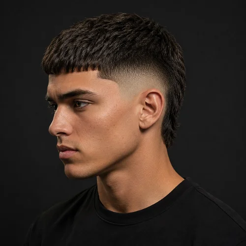 Young man with a burst fade Caesar cut and short textured hair, shown in side profile against a dark background