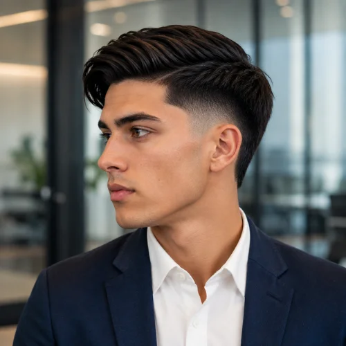 Young man with a burst fade comb over haircut and neatly styled side-swept hair, shown in three-quarter profile