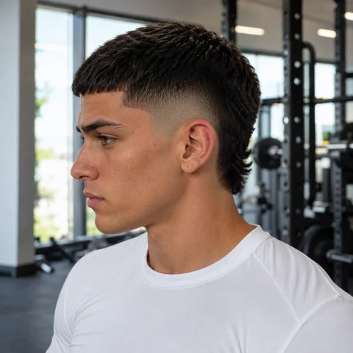 Young man with a burst fade crew cut and short textured hair, shown in side profile
