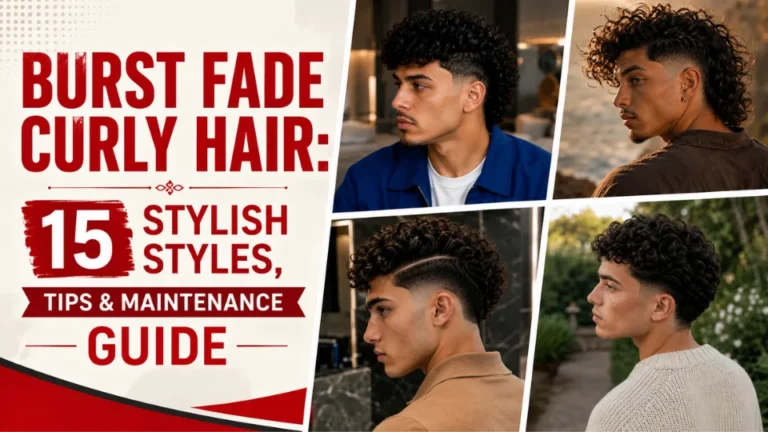 Burst fade curly hair featuring 15 stylish haircut ideas, tips, and maintenance guide with a four-image collage of curly burst fade hairstyles.