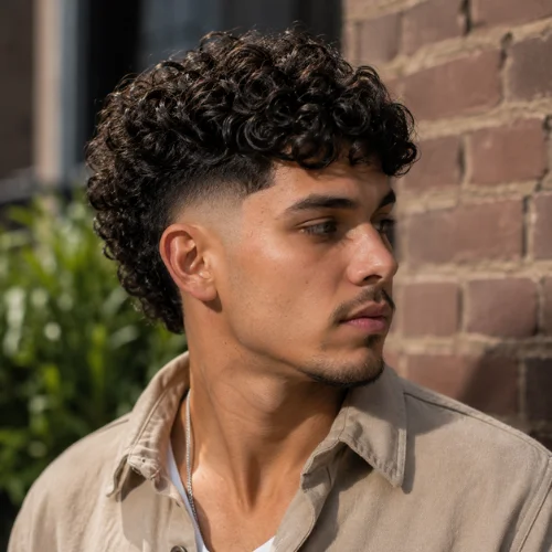 Curly burst fade haircut with textured curls and tapered sides