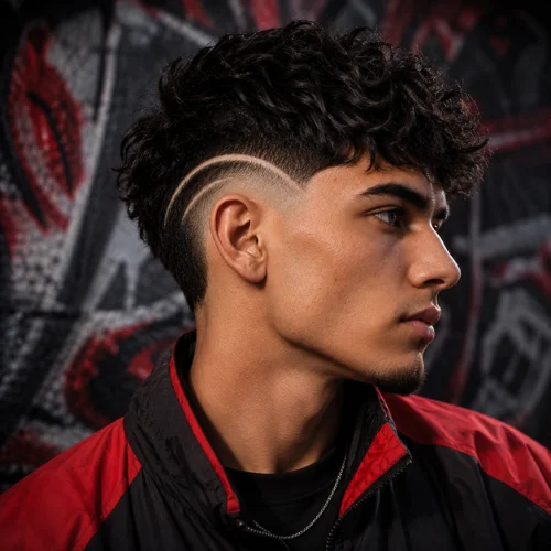 Burst fade design haircut with curved shaved line and textured top