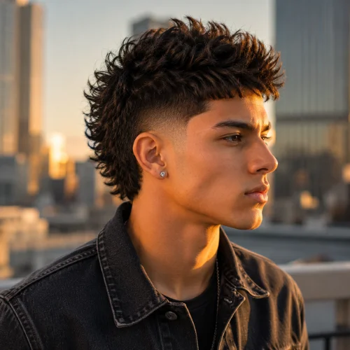 Young man with a burst fade faux hawk haircut and textured curly hair, shown in three-quarter profile