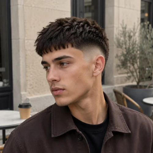 Modern burst fade French crop haircut with textured dark brown hair