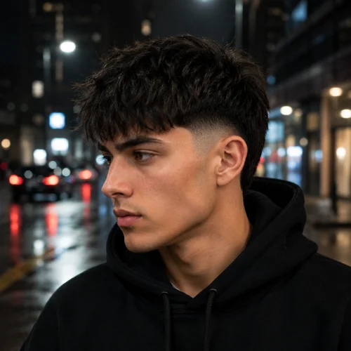 Young man with a burst fade fringe haircut and textured messy hair, shown in three-quarter profile at night