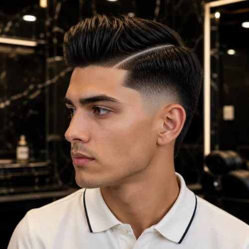 Young man with a burst fade hard part haircut, clean side part, and textured quiff, shown in three-quarter profile