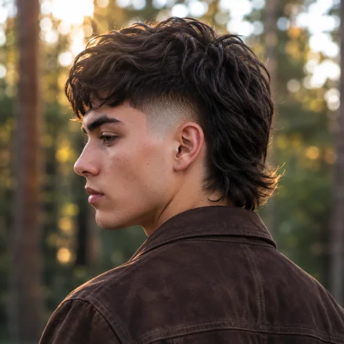 Burst fade haircut with long textured hair and a natural mullet in side profile