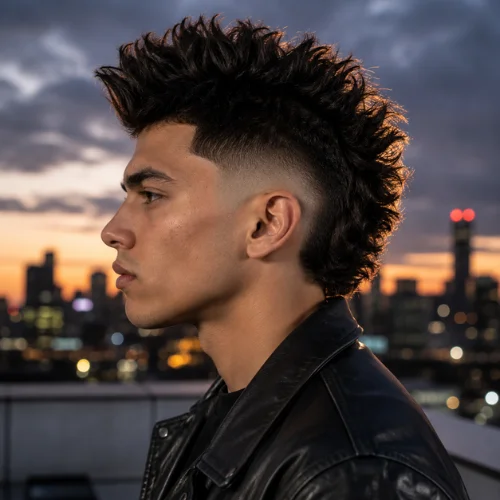 Burst fade mohawk haircut with textured spiky top and faded sides