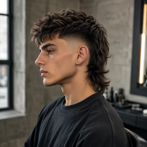 Burst fade mullet haircut with textured hair and tapered sides