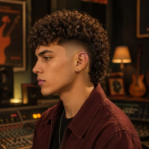 Burst fade perm hairstyle with curly hair for men
