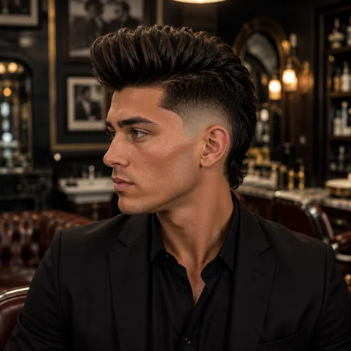 Young man with a burst fade pompadour haircut and voluminous swept-back hair, shown in side profile