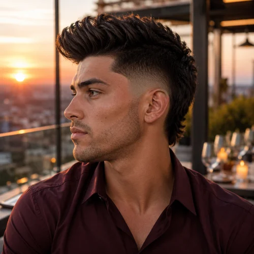 Young man with a burst fade quiff haircut and voluminous textured hair, shown in side profile at sunset