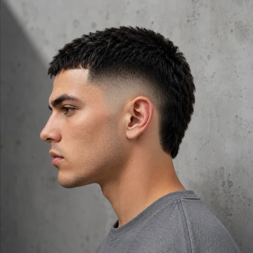 Short textured burst fade haircut with a clean fade around the ears in side profile