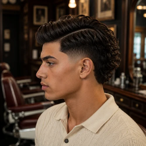 Young man with a burst fade side part haircut and neatly styled wavy hair, shown in side profile