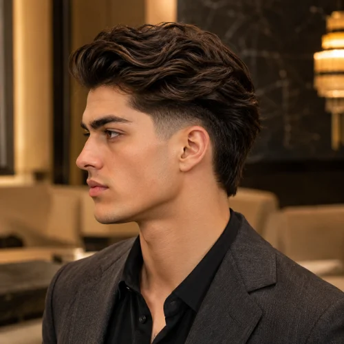Young man with a burst fade slick back haircut and wavy textured hair, shown in side profile