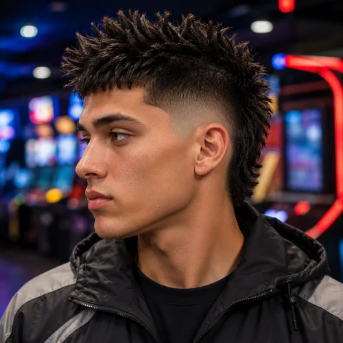 Young man with a burst fade spiky haircut and textured spiky hair, shown in side profile