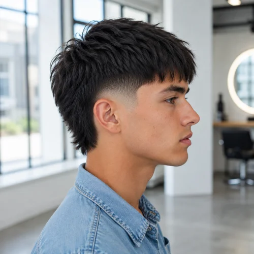 Young man with a burst fade haircut and textured straight hair in side profile