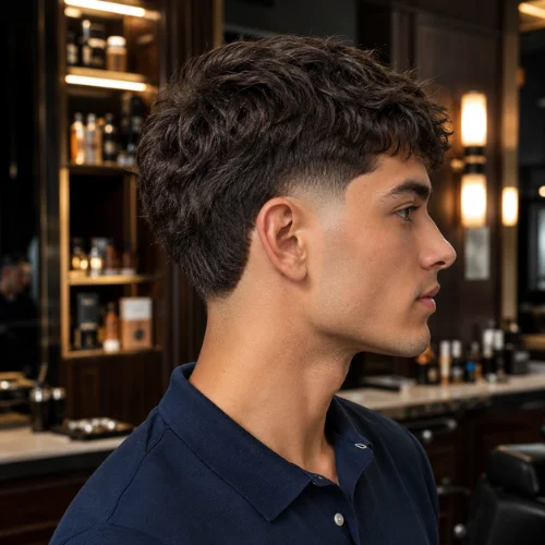 Burst fade taper haircut with textured top and tapered neckline
