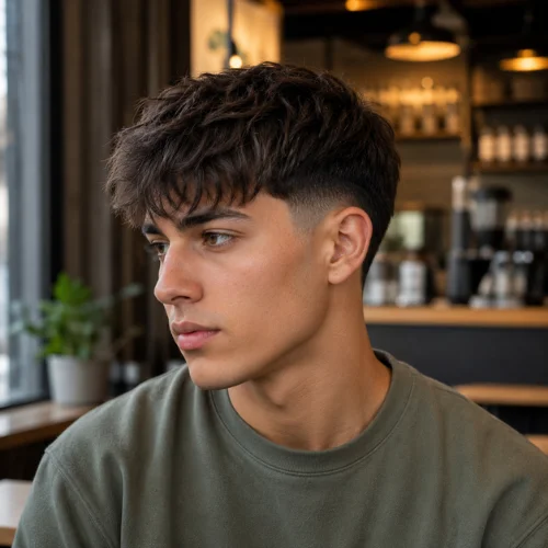 Young man with a burst fade textured fringe haircut and tousled wavy hair, shown in three-quarter profile