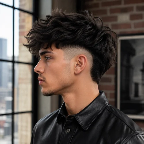 Young man with a burst fade undercut and textured wavy hair, shown in side profile
