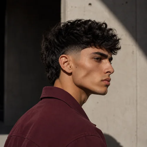Young man with a burst fade haircut for an angular face, featuring textured curly hair, shown in side profile