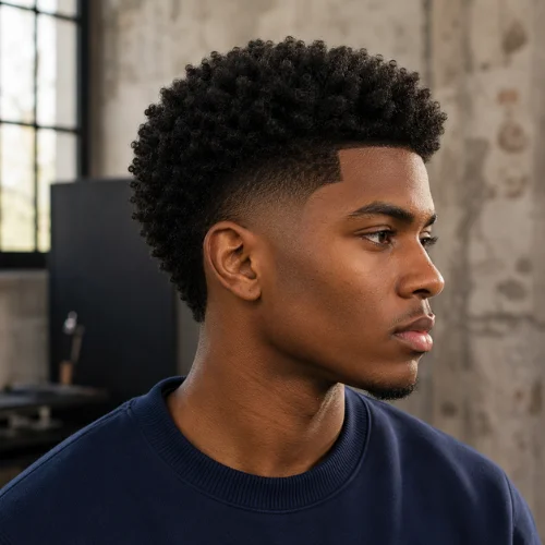 Young man with a modern burst fade haircut and defined coily dark hair, shown in side profile indoors