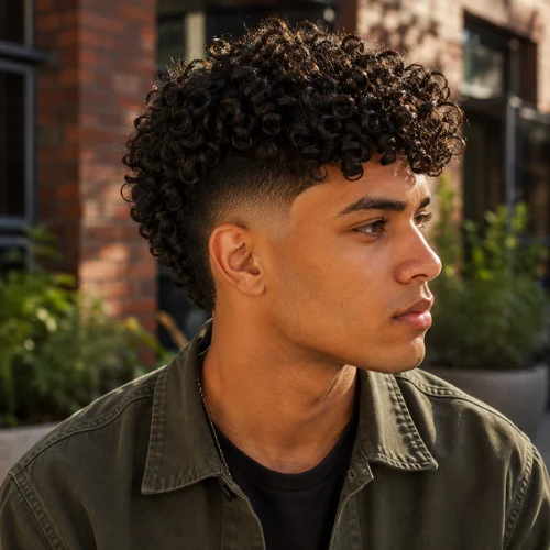Young man with a stylish burst fade haircut and defined curly dark hair, shown in side profile outdoors
