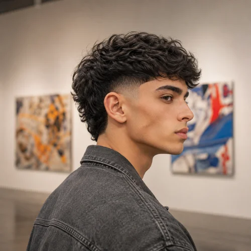 Young man with a burst fade haircut for a diamond-shaped face, featuring textured curly hair, shown in side profile
