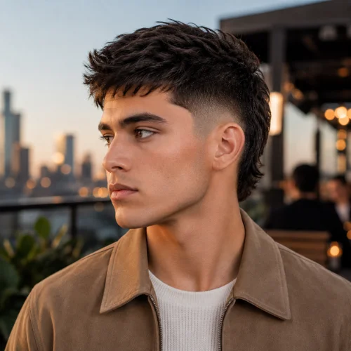 Young man with a modern burst fade haircut and textured dark hair, styled to complement a heart-shaped face, shown in side profile outdoors