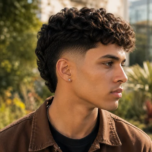 Young man with a stylish burst fade haircut and natural textured dark hair, shown in side profile outdoors