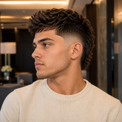Young man with a modern burst fade haircut and textured dark hair, styled to complement an oval face, shown in side profile