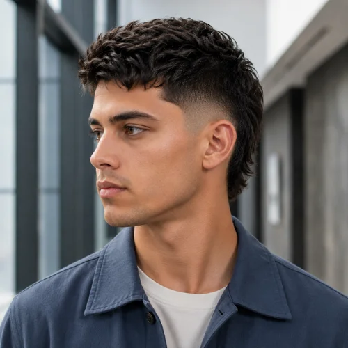 Young man with a modern burst fade haircut and textured dark hair, styled to complement a rectangular face, shown in side profile outdoors