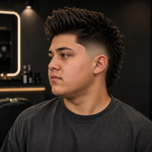 Young man with a modern burst fade haircut and textured dark hair, styled to complement a round face, shown in side profile