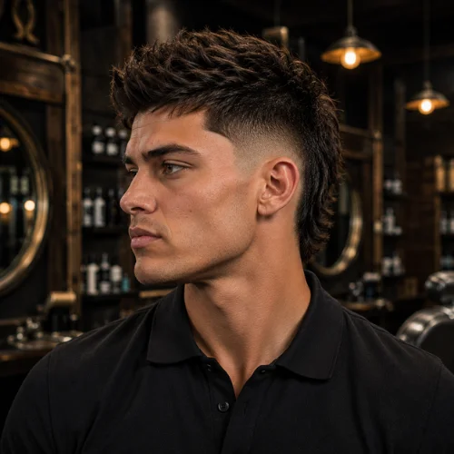 Young man with a modern burst fade haircut and textured dark hair, styled to complement a square face, shown in side profile