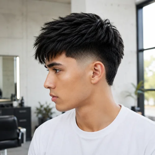 Young man with a modern burst fade haircut and textured straight black hair, shown in side profile