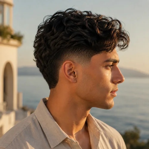 Young man with a stylish burst fade haircut and naturally wavy dark hair, shown in side profile by the coast