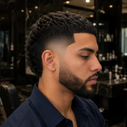 Burst fade haircut with beard and sharp line up