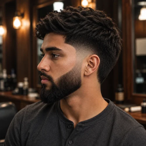 Burst fade haircut with a full beard and textured dark hair