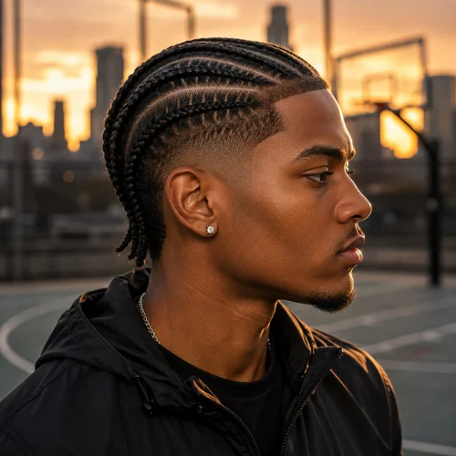 Burst fade haircut with neat cornrow braids and clean fade sides