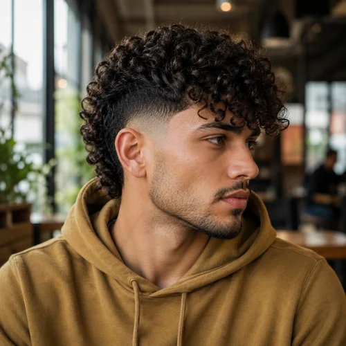 Burst fade haircut with a curly fringe, defined curls, and clean tapered sides