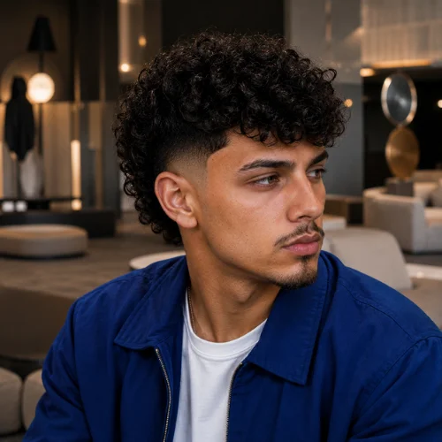 Burst fade haircut with a curly textured top and clean tapered sides