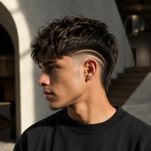 Modern burst fade haircut with textured dark hair and shaved double-line design above the ear