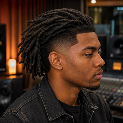 Burst fade haircut with long dreadlocks and clean fade sides