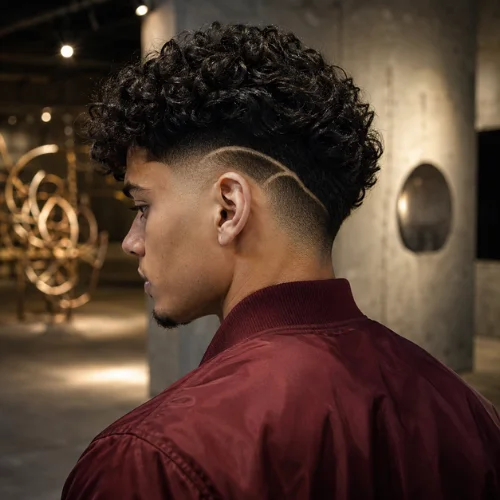 Young man with a curly burst fade haircut featuring a shaved hair design, shown from a rear side profile
